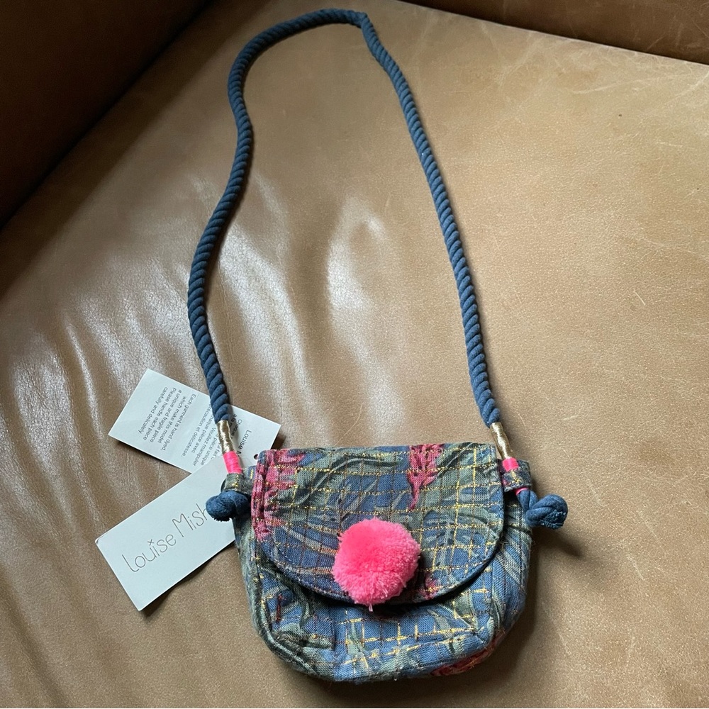 Louise Misha Kids Blue Patterned Crossbody Bag with Pink Pom